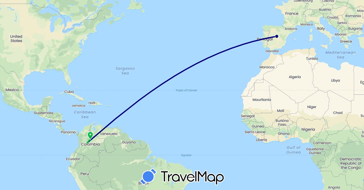 TravelMap itinerary: driving, bus, plane in Colombia, Spain (Europe, South America)